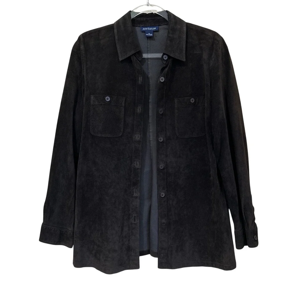 Ann‎ Taylor Medium Brown Suede Leather Shirt Jacket Button Shacket Buttery Soft